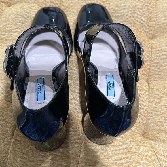 Prada Glossy Leather Block Heels with Silver Flower - Picture 4 of 11